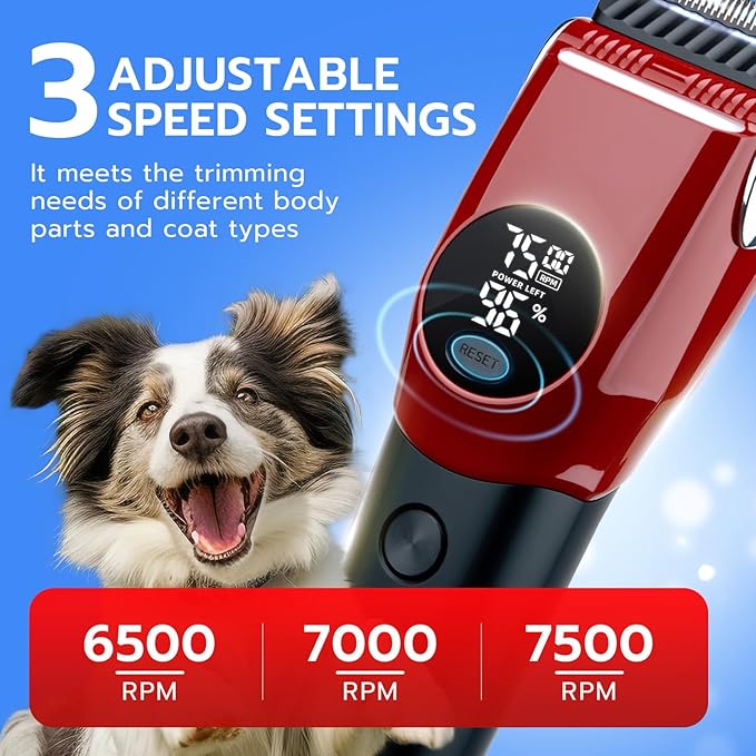 Mcbazel Dog Clippers Grooming Kit, Low Noise Rechargeable Cordless Adjustable Pet Hair Shaver Trimmers Set for Dogs, Cats and Other Pets - Red