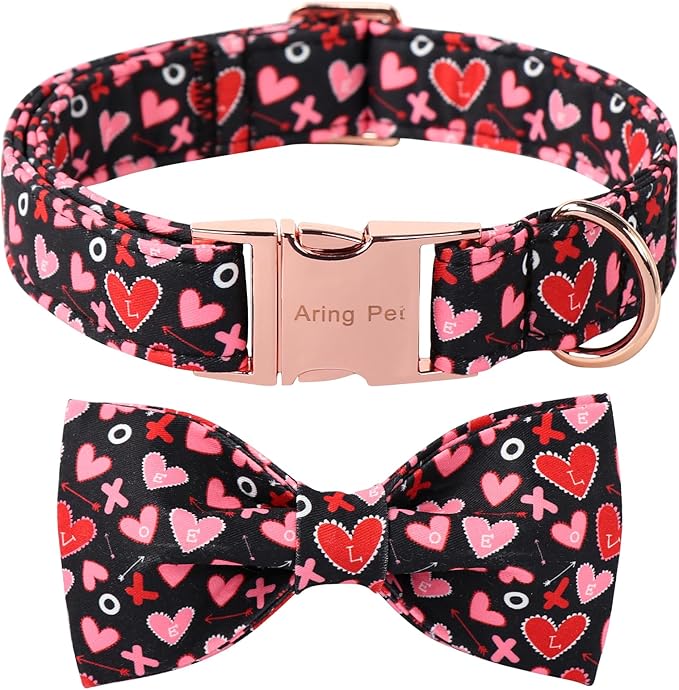 ARING PET Valentine's Day Bow Dog Collar, Black Red Heart Pet Collar with Bowtie for Small Medium Large Dogs-XS