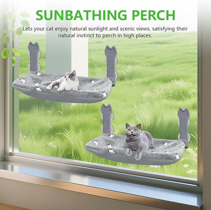 2 Pack Cat Window Perch,Cat Window Hammock Cordless Foldable Window Bed with 4 Large Strong Suction Cup,Reversible Cushion Cover,Metal Frame Easy to Adjust Window Seat Holds up to 40lbs(Star White，M