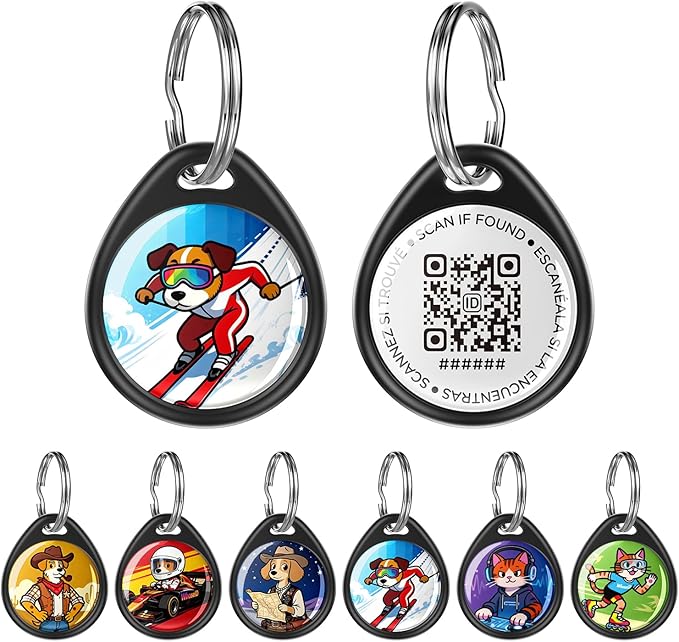 QR Code Dog Tag and Cat Tag, Scan to Reunite Faster, Waterproof and Durable, Lightweight and Quiet, Updatable Contact Info, with Ski Racer Pet Character Design