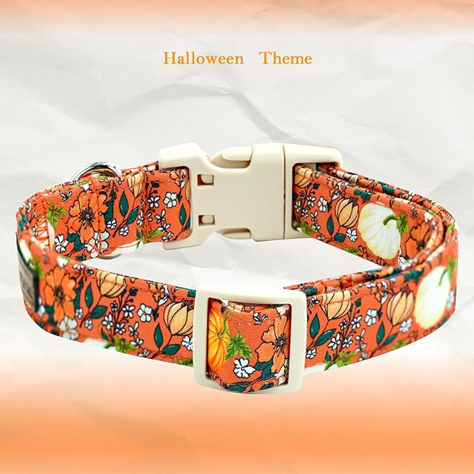 Elegant little tail Halloween Dog Collar, Pumpkin with Flower Print Fall Pet Collars Cotton Soft Sturdy Puppy Collars Holiday Female Adjustable Collar for Large Dogs