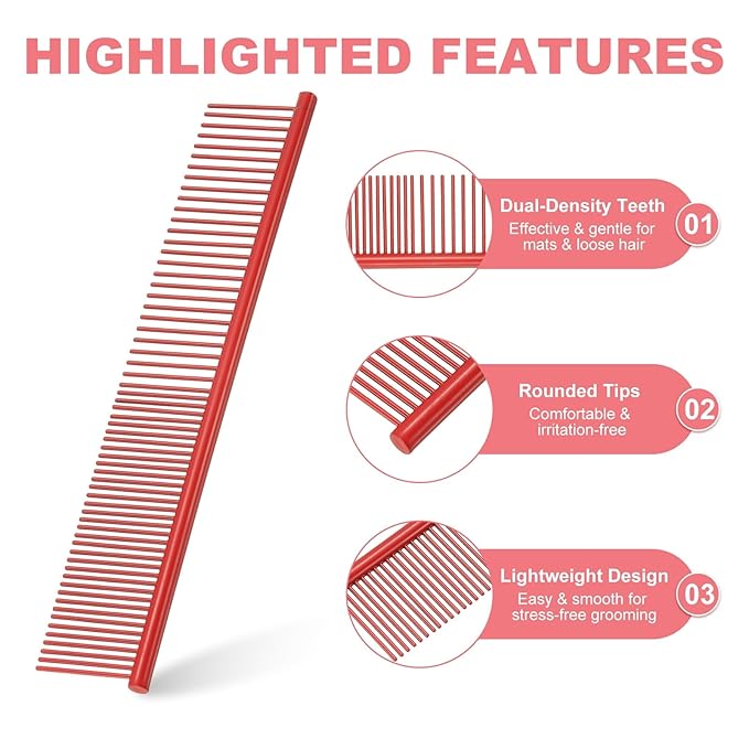 PETAXCELL Dog Cat Comb, Pet Combs Stainless Steel Teeth with Rounded Ends for Knots Mats Loose Hair Removal, 7.5IN (Red Coated, 3 Pack), Grooming Tool Intended for Long Curly Hair Pet