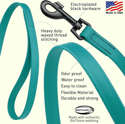 Dogline Biothane Waterproof Dog Leash Strong Coated Nylon Webbing with Black Hardware Odor-Proof Easy to Clean High Performance for Small or Large Dogs Made in USA 4 or 6 ft Lead, Blue Aqua