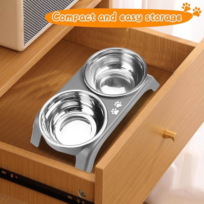Elevated Dog Bowls for Small Dogs, 3” High Raised Dog Bowl Stand with Dual 5” Stainless Steel Bowls Non-Slip Pet Feeder for Puppy and Cats, Dishwasher Safe, Grey