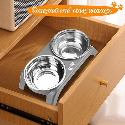 Elevated Dog Bowls for Small Dogs, 3” High Raised Dog Bowl Stand with Dual 5” Stainless Steel Bowls Non-Slip Pet Feeder for Puppy and Cats, Dishwasher Safe, Grey