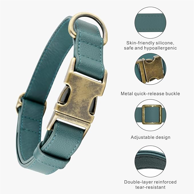 Silicone Dog Collar and Leash Set, Waterproof & Odor-Proof Puppy Collar for Small Dogs, Soft Flexible Leather-Look Dog Collars, Durable Thick Adjustable Pet Collar (Green, Large (14.5-24" Neck))
