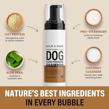 Luxe Foaming Dog Shampoo – Gentle, Moisturizing Pet Wash for Dry & Sensitive Skin – Skin Soothing, Odor Control, Shiny Healthy Coat – 8 fl oz (Amber Sandalwood)