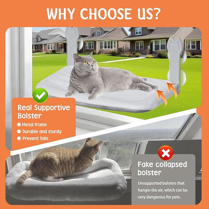 2 Pack Cat Window Perch,Cat Window Hammock Cordless Foldable Window Bed with 4 Large Strong Suction Cup,Reversible Cushion Cover,Metal Frame Easy to Adjust Window Seat Holds up to 40lbs(Gray，M)