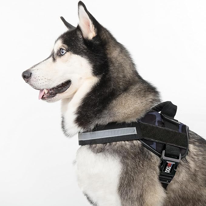Dogline Dog Harness, Reflective No-Pull Adjustable Vest with Handle for Walking, Training, Breathable, No - Choke Harness for Small, Medium or Large Dogs Room for Patches Girraffe Grey L 27"-34"
