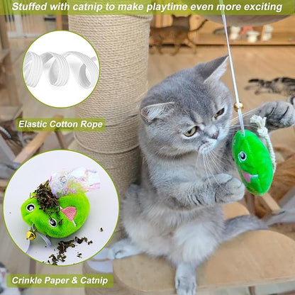 URMYONLY Interactive Cat Toy Wand with Catnip Mouse, Cat Teaser Wand Rainbow String for Bored Indoor Adult Cats and Kittens (8 Pack)