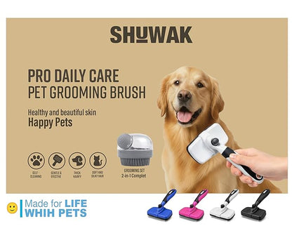 Grooming Duo, 2-in-1 Pet Brush Set with Retractable Self-Cleaning Brush and Silicone Bath Brush for Dogs and Cats (PINK)