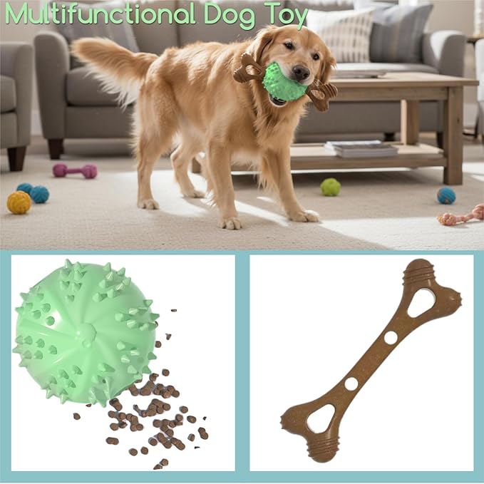 sidaeren Dog Toys,Hybrid Dog Chew Toy for Aggressive Chewers, 2-in-1 Durable Wood-Plastic Bone & TPR Spike Ball, Natural Wood Scent, Integrated Safe Design for 20-100 lbs Medium Large Breeds