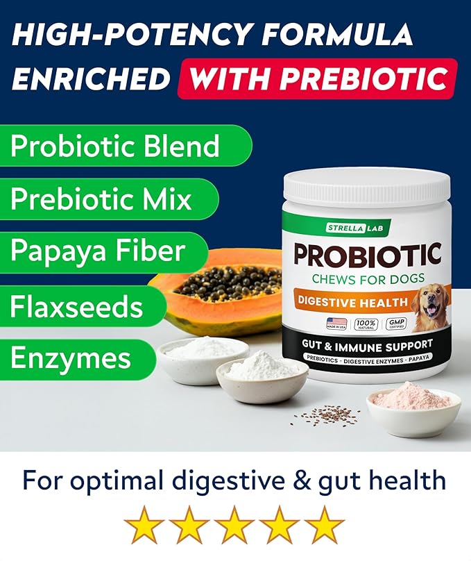 STRELLALAB Dog Probiotics Chews for Gut Support & Digestive Health with Enzymes - Anti Diarrhea and Upset Stomach Immune Supplement - Digestion Treats with Fiber and Prebiotics (180Ct, Chicken)