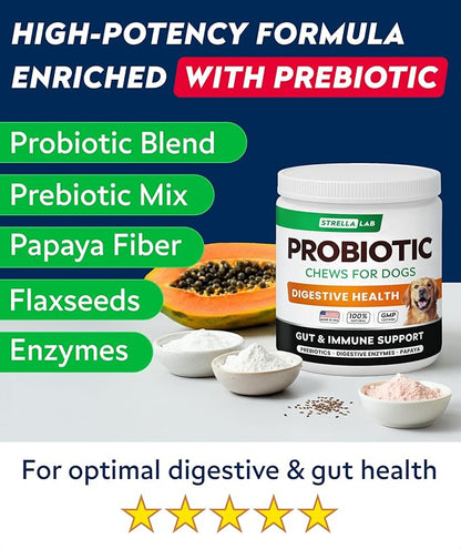 STRELLALAB Dog Probiotics Chews for Gut Support & Digestive Health with Enzymes - Anti Diarrhea and Upset Stomach Immune Supplement - Digestion Treats with Fiber and Prebiotics (180Ct, Chicken)