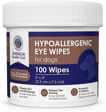 AKC Pet Eye Wipes for Dogs & Cats – Tear Stain Remover & Eye Discharge Cleaner – Hypoallergenic Grooming Wipes, 100 Count (Coconut Scent) AKC 3 * 3" PET Eye Wipes Coconut Scent 100 Count