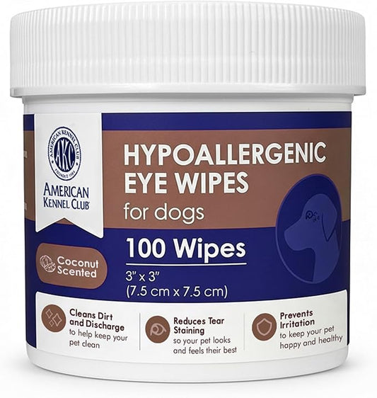 AKC Pet Eye Wipes for Dogs & Cats – Tear Stain Remover & Eye Discharge Cleaner – Hypoallergenic Grooming Wipes, 100 Count (Coconut Scent) AKC 3 * 3" PET Eye Wipes Coconut Scent 100 Count