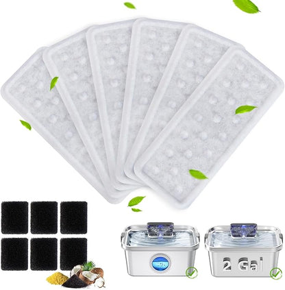 Pethind 6 Pack Dog Water Fountain Filters and 6 Pack Sponges, Suitable for Stainless Steel Dog Water Fountain (PF-SS-01/PF-SS-02/PF-SS-03/PF-SS-04), High Efficiency Filtration, Idividual Package