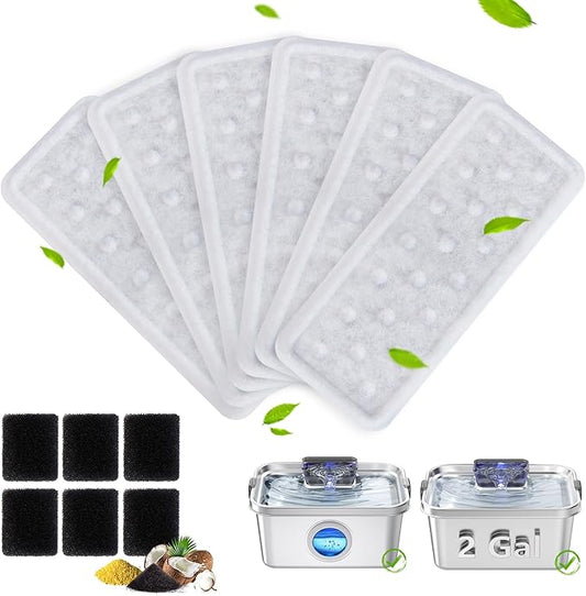 Pethind 6 Pack Dog Water Fountain Filters and 6 Pack Sponges, Suitable for Stainless Steel Dog Water Fountain (PF-SS-01/PF-SS-02/PF-SS-03/PF-SS-04), High Efficiency Filtration, Idividual Package