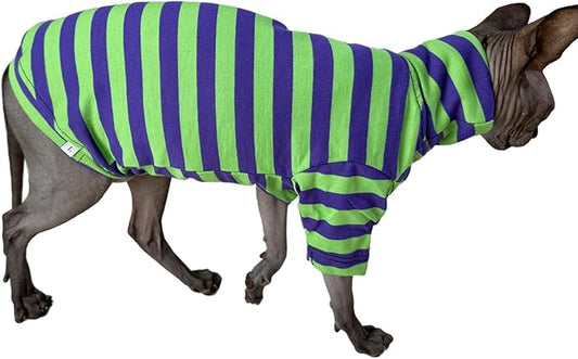 Vintage Stripes Sphynx Hairless Cats Shirt Cotton Cat Turtleneck Pet Clothes Kitten T-Shirts with Sleeves for Sphynx Cats (Eggplant, Small)