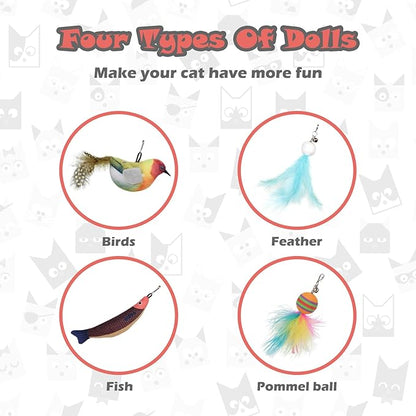 Greoil Cat Toys for Indoor Cats,Interactive Cat Toys for Bored Indoor Adult Cats 7 Pack Cat Teaser Cat Toys, 2 Pack Flexible Steel Wire and 4 Pcs Replacement Feather Refills with Balls and Birds