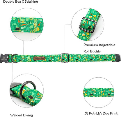 Lionheart glory Dog Collar, Cotton, Lucky Clover & Beer, Adjustable, XS-XL, Handmade Bow, for Small Dogs