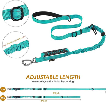 AUBELL Tactical Dog Leash Heavy Duty,4-6ft Reflective Strong No Pull Bungee Leash for Medium Large Dogs with Comfortable Padded Double Handle,Car Seat Belt,360 Degree Rotating Carabiner,Teal