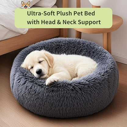 Comfort Donut Dog Bed for Small Dogs, Cat Bed & Pet Bed for Indoor Use, Medium Size with Soft Plush, Round Dog Beds for Large Dogs and Cats (Gray, 20''Lx20''Wx8''Th)