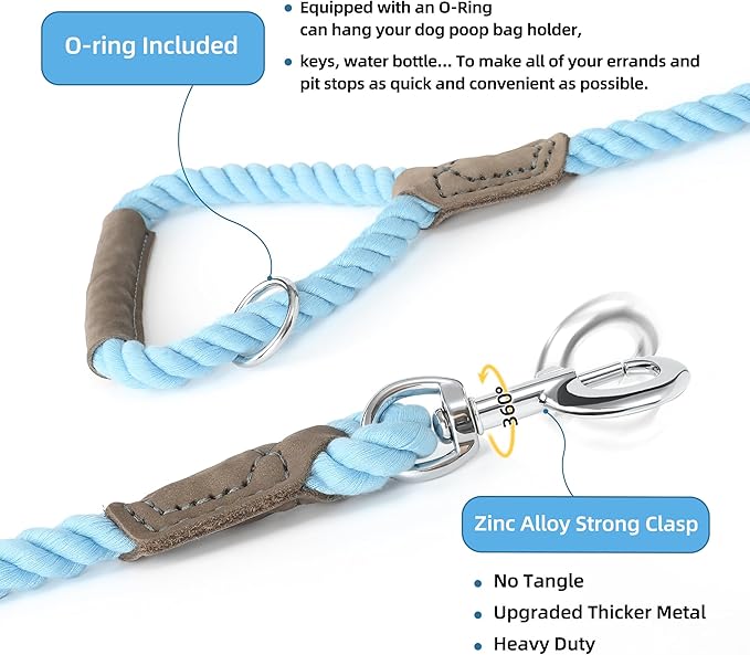 Mile High Life Dog Leash, Braided Cotton Rope Leashes with Leather Handle - Heavy Duty Metal Clasp, 5FT, 1/2" Thick - Wedding, Walking & Training Leash for Small Medium Large Dogs (Sky Blue)