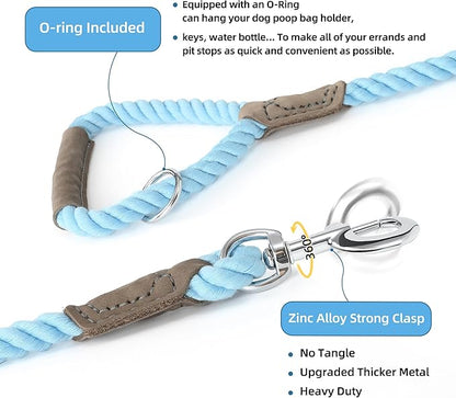 Mile High Life Dog Leash, Braided Cotton Rope Leashes with Leather Handle - Heavy Duty Metal Clasp, 5FT, 1/2" Thick - Wedding, Walking & Training Leash for Small Medium Large Dogs (Sky Blue)