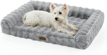 COZY KISS Faux Rabbit Fur Orthopedic Dog Bed, Dog Bed for Large Size, Supportive Foam Pet Sofa with Waterproof Lining Cover, Washable U-Shaped Pet Couch with Anti-Slip Bottom, Grey L 36x27x6.5 inch