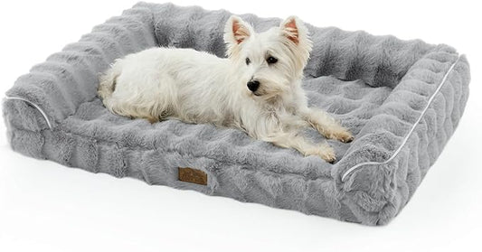 COZY KISS Faux Rabbit Fur Orthopedic Dog Bed, Dog Bed for Large Size, Supportive Foam Pet Sofa with Waterproof Lining Cover, Washable U-Shaped Pet Couch with Anti-Slip Bottom, Grey L 36x27x6.5 inch
