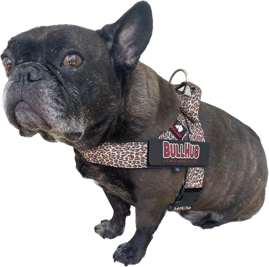 BULLHUG Adjustable Dog Harness– No Pull, No Choke – for English Bulldogs, French Bulldogs, Pugs & Broad-Chested Breeds – Easy, Safe Walks (Leopard Pink, Small)