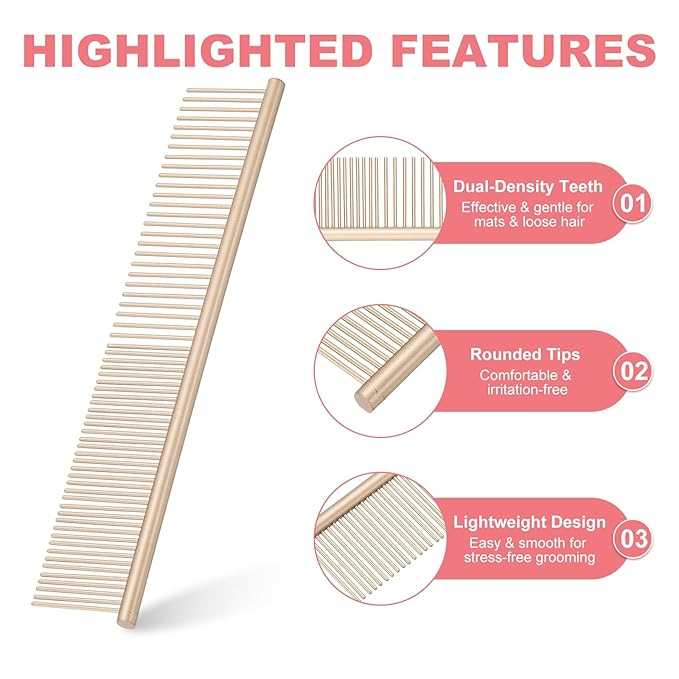 PETAXCELL Dog Cat Comb, Pet Combs Stainless Steel Teeth with Rounded Ends for Knots Mats Loose Hair Removal, 7.5IN (Gold Coated, 3 Pack), Grooming Tool Intended for Long Curly Hair Pet