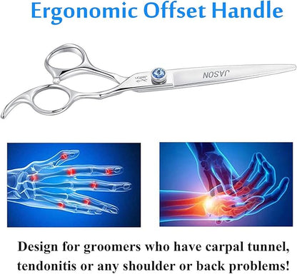 JASON 7" Straight Dog Grooming Scissors, Ergonomic Pets Grooming Shears, Premium Cats Trimming Kit with Offset Handle and Jewelled Screw, Sharp, Comfortable Christmas Gift
