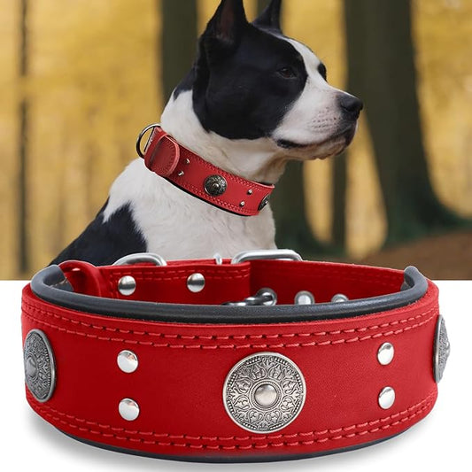 Leather Dog Collar, 2 inches Wide Heavy Duty Genuine Leather Collars, Handmade, Soft, and Luxury, Eye-catching Best Choice for Large and Medium Breed Dogs, Red 21-25 inches