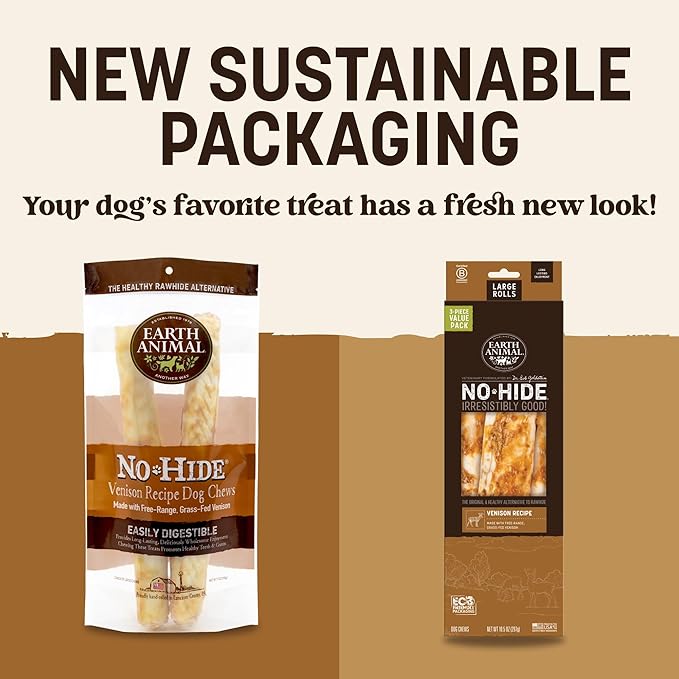 Earth Animal No Hide Chews - Long Lasting Rawhide Free Large Dog Chews Rolls, Venison - 3 Count Value Pack