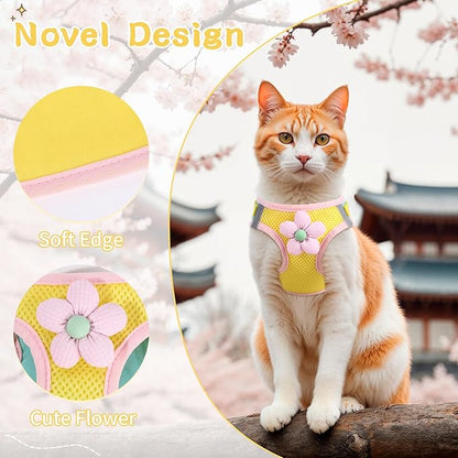 Cat Harness and Leash Set for Walking Escape Proof, Adjustable Kitten Harness Breathable Mesh with Reflective Strips Harness with Flower for Kitty Puppy Bunny Yellow Small