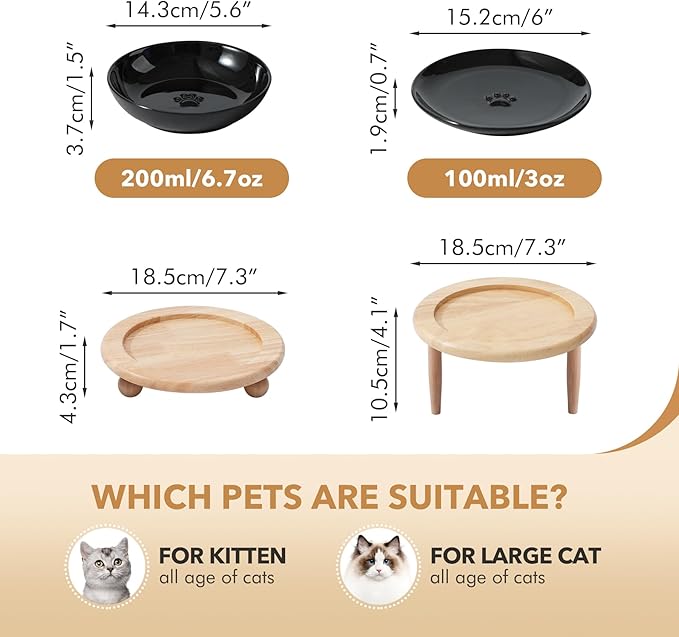 Havniva Raised Ceramic Wide Whisker Friendly Cat Dishes, Food&Water Bowl with 2 Style Stand Adjustable Pet Bowl Set(1Dish+1Shallow Dish+Stand, Black