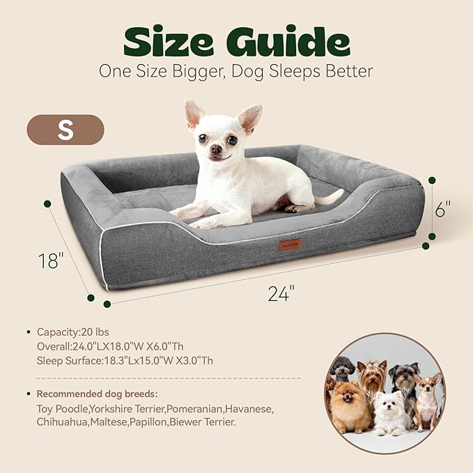 hush bone 24 Inch Orthopedic Dog Couch Bed for Small Dogs/Cats,Cooling Gel Memory Foam + Egg Crate Foam,Waterproof Removable Washable Cover,4-Sided Bolster,Non-Slip Bottom,Dark Grey