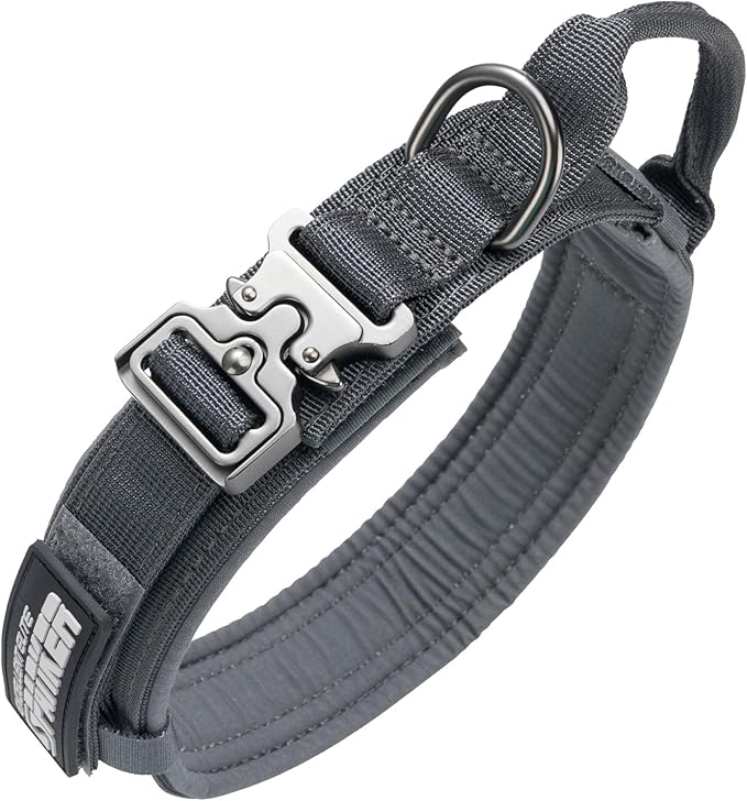 EXCELLENT ELITE SPANKER Tactical Dog Collar Nylon Adjustable Training Collar Military Dog Collar Heavy Duty Metal Buckle with Control Handle for Medium and Large Dogs with Patches(Grey-M)