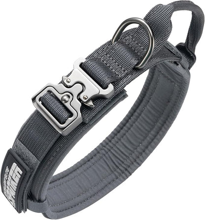 EXCELLENT ELITE SPANKER Tactical Dog Collar Nylon Adjustable Training Collar Military Dog Collar Heavy Duty Metal Buckle with Control Handle for Medium and Large Dogs with Patches(Grey-M)