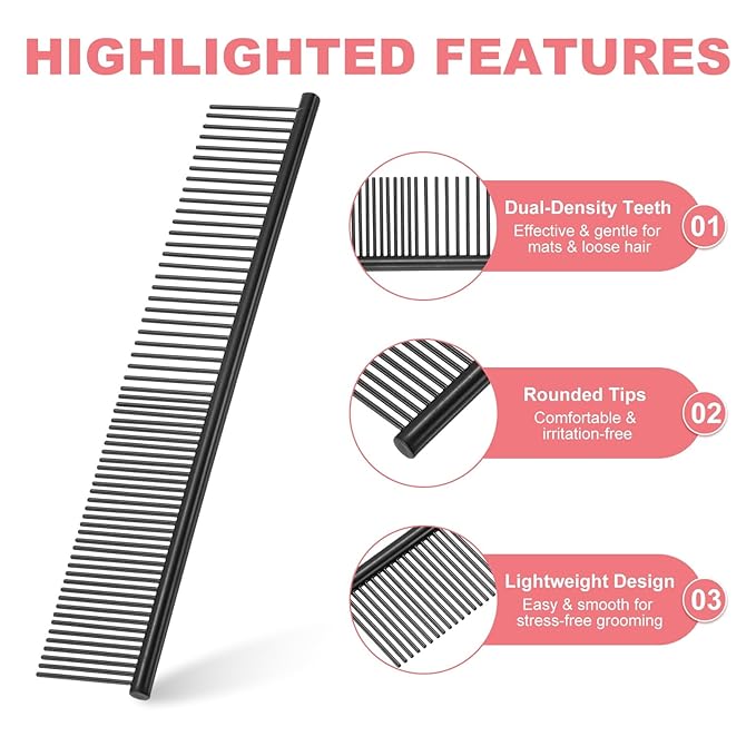 PETAXCELL Dog Cat Comb, Pet Combs Stainless Steel Teeth with Rounded Ends for Knots Mats Loose Hair Removal, 7.5IN (Black Coated, 3 Pack), Grooming Tool Intended for Long Curly Hair Pet
