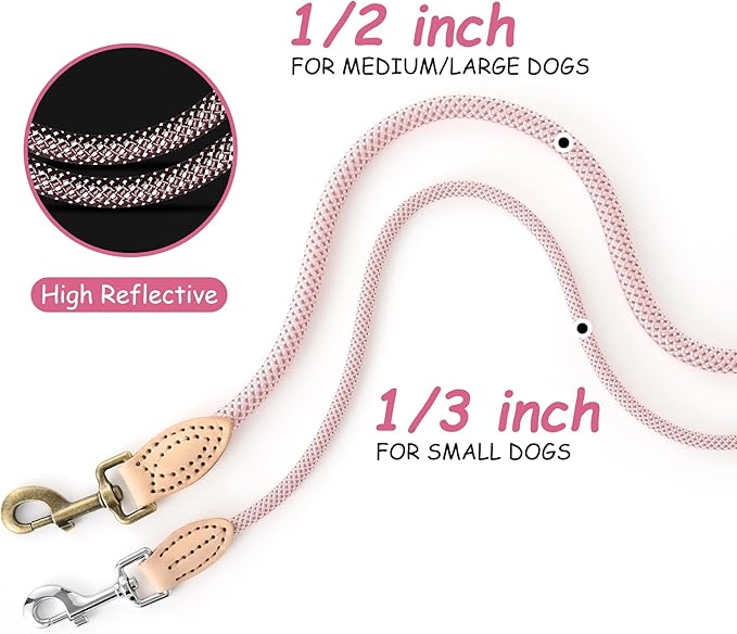 Mile High Life Small Dog Leash, Thin Lightweight Reflective Rope Leash with Genuine Leather Connection, Great for Small Medium Dogs (Pink, 72 Inch-1/3)