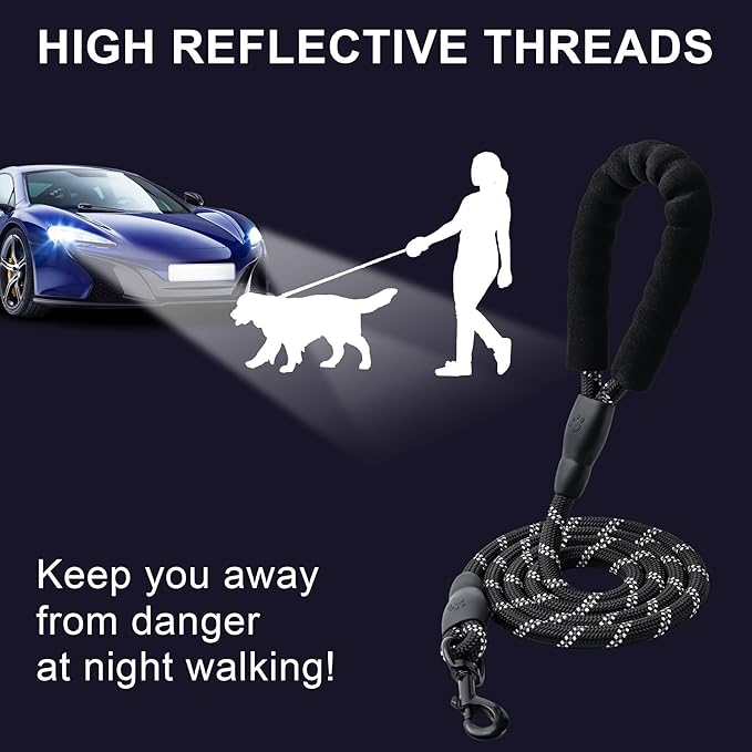 2 Pack Dog Leash, 4/5//6 FT Heavy Duty Nylon Rope Pet Leashes with Comfortable Padded Handle, Reflective Dog Leashes for Small Medium and Large Dogs (5FT-3/8,Black/Yellow)