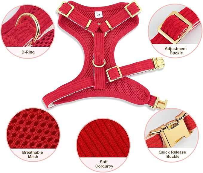 Didog Cute Small Dog Harness Collar and Leash Set with Bowtie, Breathable Soft Mesh Padded Puppy Harness, Christmas Dog Harness for for Parties, Holiday Gatherings & Gifts, Red, S