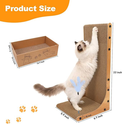 Goosheep Cat Scratching Post, 3-in1 Scratching Board for Indoor Cats, 2PK 22in L-Shaped Cat Scratcher with 1PK Cardboard Box Scratch Pad, Cats Scratch Furniture Protector with Feathered Toy