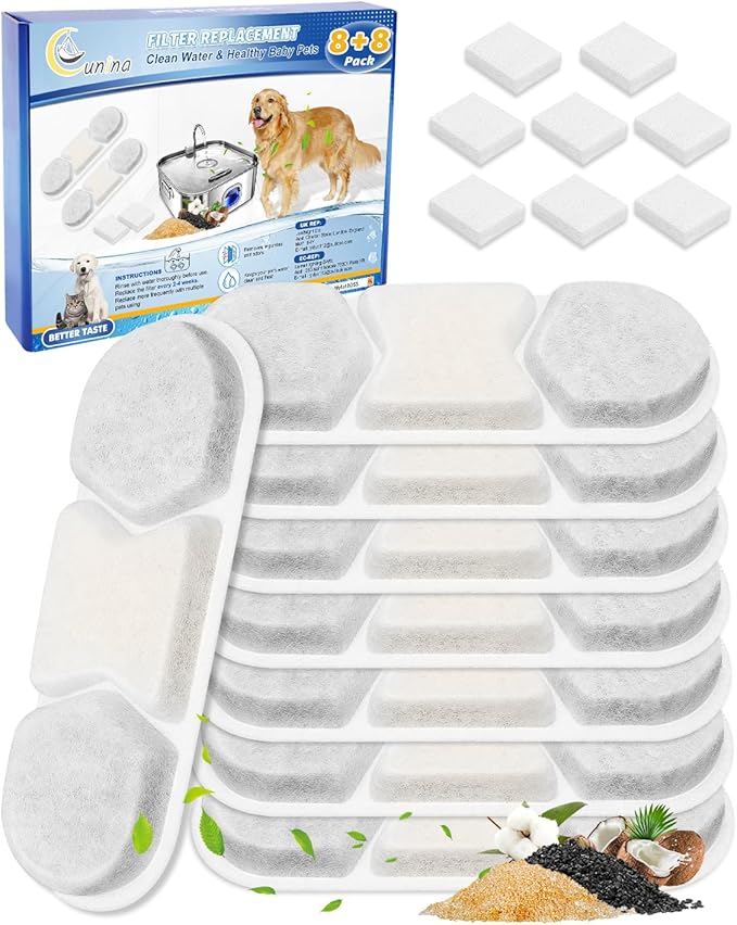 Cunina 8 Pack Filter & 8 Pump Sponges Pet Water Fountain Filter Compatible with WF120 410oz/3.2Gal/12L & Fit for Zuqqony DYSJ01 Dog Water Bowl Dispenser, Filters Replacement for Cat Automatic Fountain