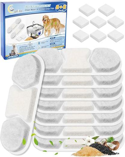 Cunina 8 Pack Filter & 8 Pump Sponges Pet Water Fountain Filter Compatible with WF120 410oz/3.2Gal/12L & Fit for Zuqqony DYSJ01 Dog Water Bowl Dispenser, Filters Replacement for Cat Automatic Fountain