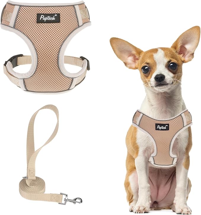 PUPTECK Small Dog Harness and Leash Set, No Pull Adjustable Puppy Cat Harness, Reflective Soft Mesh Pet Vest Small Sized, Khaki, XS