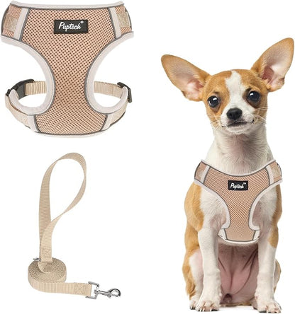 PUPTECK Small Dog Harness and Leash Set, No Pull Adjustable Puppy Cat Harness, Reflective Soft Mesh Pet Vest Small Sized, Khaki, XS
